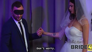 Seductive brunette wearing a wedding dress gets her pussy pounded by a guy in creepy mask