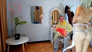 Do you want me to cut your hair? Stylist's client. Naked hairdresser. Nudism 12