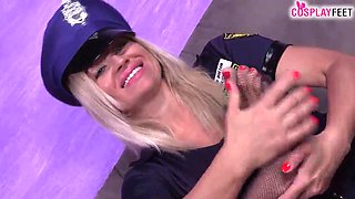 Blondie cop unclothes fishnets and fellates her own toes