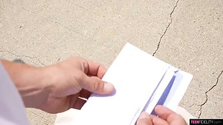 Big boobed teen Amber Moore greets him home