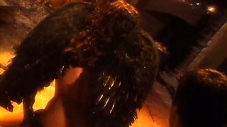 Busty curly brunette with big boobs fucks on couch