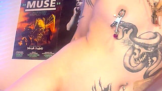 Goth Girl Naked Ballgag Collared Nip Clamps Rides Dildo