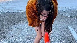 Skinny teen brunette masturbating with toy