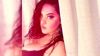 Busty curly brunette with big boobs fucks on couch