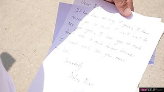 Busty teenage Amber Moore salutes him home