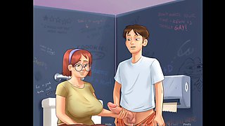 Summer saga bathroom fun with big boobed college girls