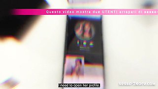 Bald mature man scrolls Italian dating site sesso-24ore.com on smartphone over stove