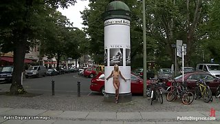 Blond gagged and bound in public
