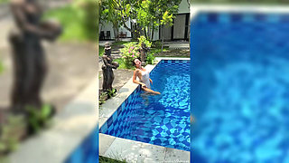 Outdoor Yoga Tree Pose & Tease in See-through Bodysuit in the Pool