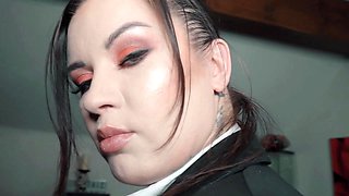 Busty curly brunette with big boobs fucks on couch