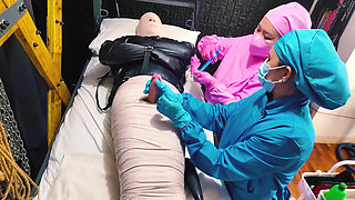2 sadistic nurse tormenting slave with sounding