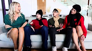 Busty stepmoms fucking teen stepsons foursome in the couch