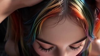 Rainbow pigtail girl sucks pov cock in office cum facial