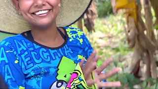 Cute peasant Latina chick is getting facialized in the jungle
