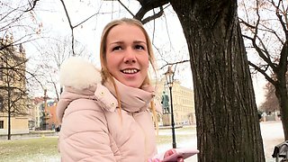 Blonde is flashing her big boobs in the outdoors