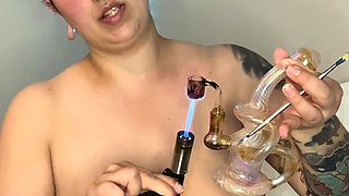 Busty curly brunette with big boobs fucks on couch