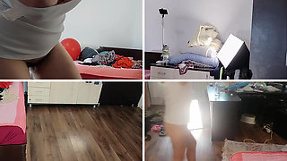 Amateur wife dancing naked at home. Amateur woman has fun trying on clothes and cutting them