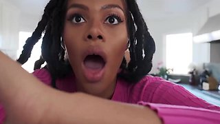 Curvy ebony gave in and had sex with her trying stepson right in the kitchen