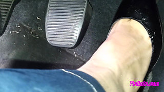Driving and Revving in Black Pumps on Bare Foot