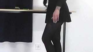 Mistress Cleo in Pantyhose Trample His Slave to Orgasm