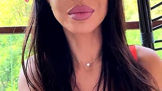 Busty curly brunette with big boobs fucks on couch