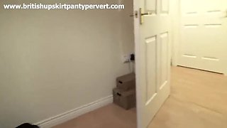 Lovely English wife flashes hairy pussy and tight asshole to panty perv