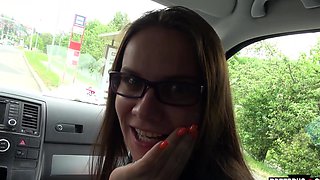Angel Wicky receives cum on tits after being fucked in a car