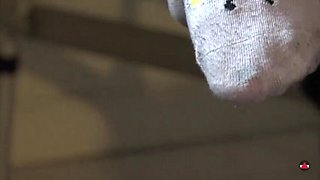 Blonde amateur Kristy May shows her dirty socks then dry humps Dr Grey to cum