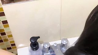 Public Restroom Thrill: Brunette's Mirrored Doggy Delight