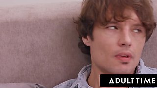 Group sex with a blonde ended with a hard fuck on the couch and moans of pleasure