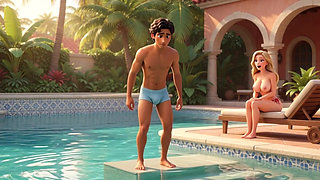 Elegant Blonde Boss Enjoys Pool with Young Gardener While Husband Away (ai Generated)