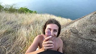 Petite amateur brunette deepthroats huge cock outdoors public sex