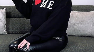 Sexy MILF Sucks Dick in Latex Leggings and Gets Slapped