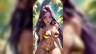 Purple Hair Elf Gold Bikini Magic Forest Dance - Sexy AI Babes