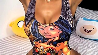 Busty curly brunette with big boobs fucks on couch