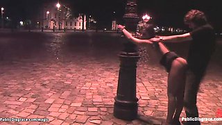 Babe hogtied and fucked in public