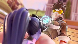 Widowmaker gets intimate with Tracer, making sultry eye contact while pleasuring her