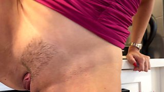 Full-bosomed mature Jewell Marceau pleasures herself in the kitchen