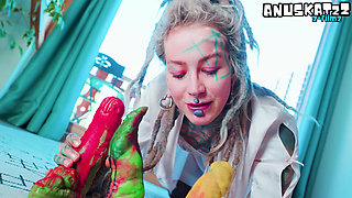 Tattooed Girl in Lingerie DPs Herself with Huge Dildos