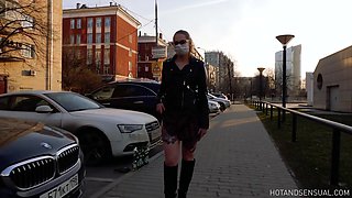 Amateur Public Upskirt No Panties Street Walk With Braless Boobs And Vagina Flashing With Thick Legs