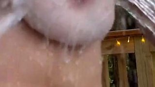 Busty curly brunette with big boobs fucks on couch