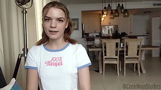 Petite Redhead Dahlia Red Sucks Step-Dad's Cock To Go Out - POV Blowjob