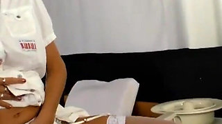 Hot nurse gets pounded by one great black cock and squirts