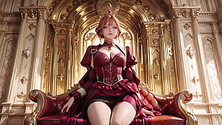 Red Queen on the Golden Throne! Deep velvet gown, lazy chin rest, and a gaze that locks onto you.