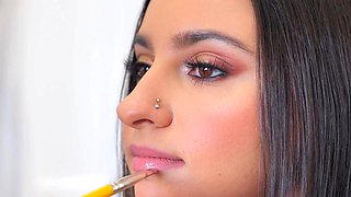 Latina beauty in bikini, backstage action with big tits lover.