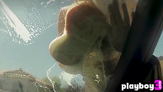 Arousing ebony babe and cougar posed by the car