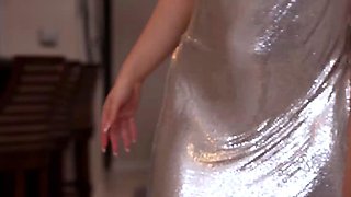 Oily Silver Dress Temptress Begs for Cock