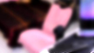 Masturbating black tranny plays with toy