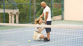 Tennis practice with a hot girl is the best way to spend time.