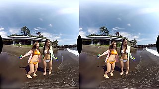Fun At The Beach Before Threesome At The Onsen; Two Japanese Babes